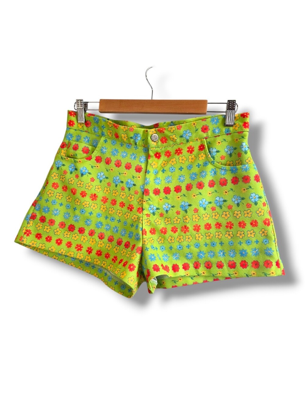 Vintage 90s Does 70s Lime Floral Patterned High-rise Short-shorts Size 13/14*